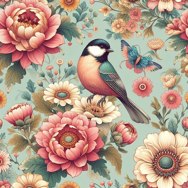 PSD fleur mignonne avec un motif d'oiseau sans couture