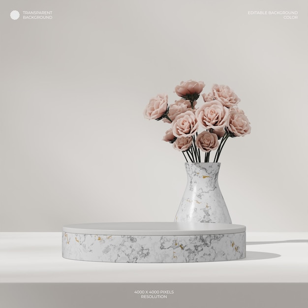 PSD fleur de rose rose 3d rendant le fond transparent du podium cylindrique en marbre blanc en carré