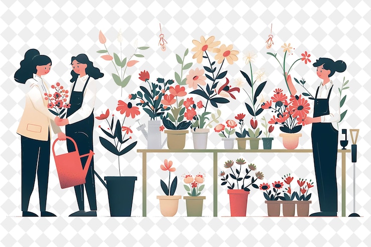 PSD fleuriste enchanté avec des personnages arrangant des fleurs et crea png les gens dans l'illustration du travail quotidien