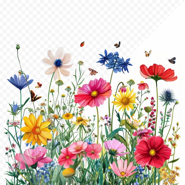 PSD fleurs colorées de prairie et de jardin avec insectes isolés