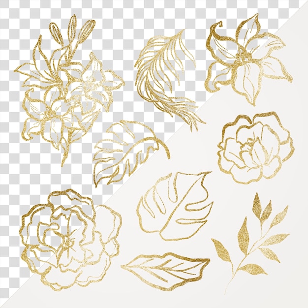 Des fleurs dorées, des éléments de collage png, une illustration simple sur un fond transparent.
