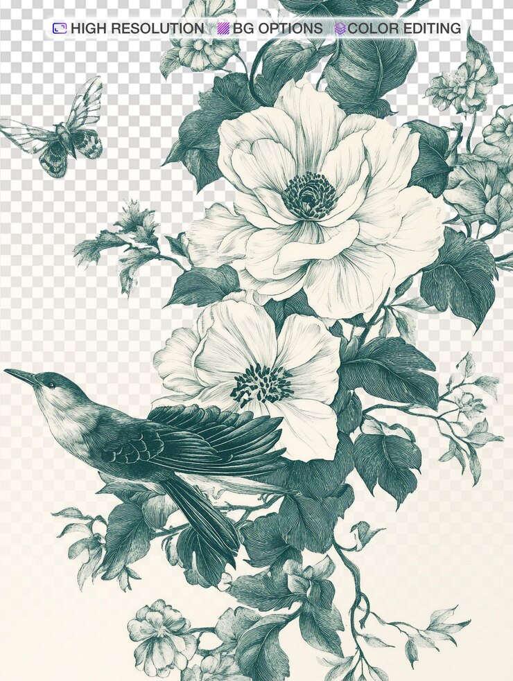 PSD des fleurs fantaisistes avec des oiseaux et des vignes