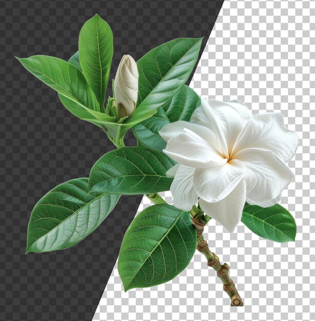 PSD des fleurs de frangipani blanches pures avec des feuilles vertes luxuriantes sur un fond transparent