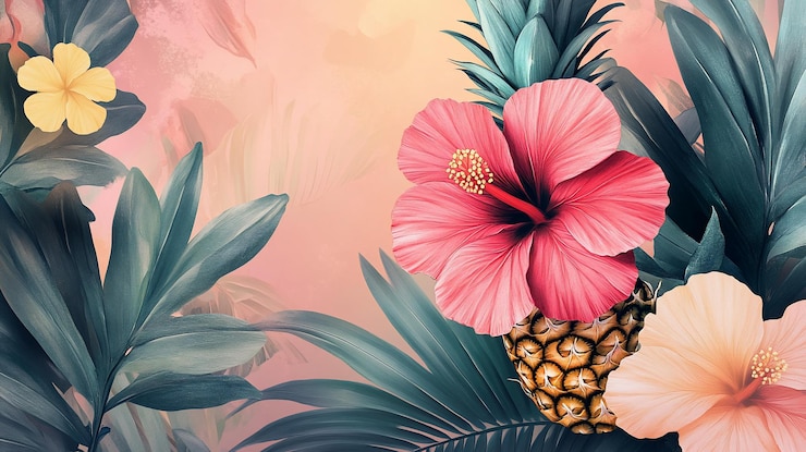 PSD des fleurs d'hibiscus tropicaux, de l'ananas et des feuilles dans un dessin artistique luxuriant et vibrant