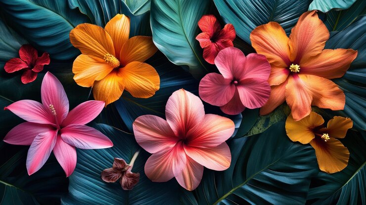 PSD des fleurs d'hibiscus vibrantes et colorées sur un lit de feuilles vertes luxuriantes