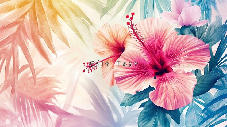 PSD des fleurs d'hibiscus vibrantes avec des feuilles tropicales aux teintes pastel arc-en-ciel