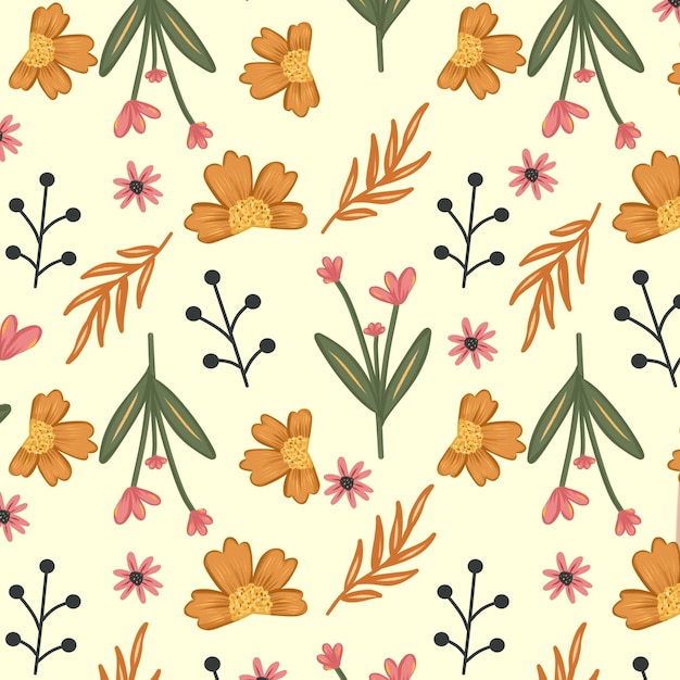fleurs jaunes avec des feuilles roses et orange sur un fond jaune motif sans couture avec des fleurs