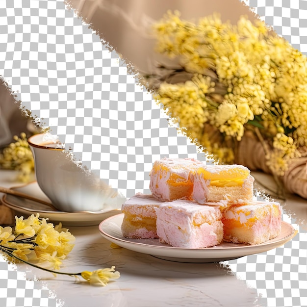 PSD les fleurs de mimose égayent la table avec du thé et des friandises turques sur un fond transparent