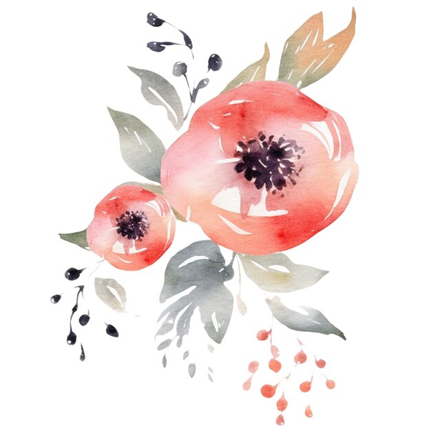 PSD des fleurs de pêche à l'aquarelle dessinées à la main isolées sur un fond blanc