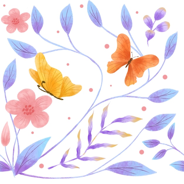 Des fleurs roses sans couture s'épanouissent avec de beaux papillons et des feuilles dessinées à la main