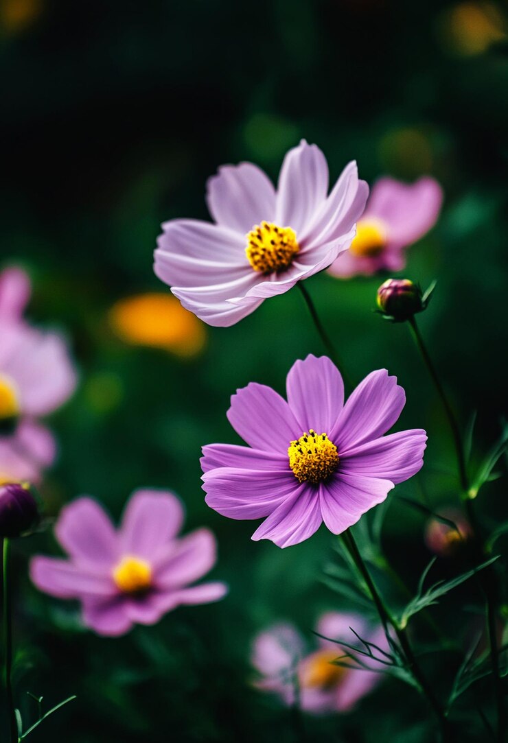 PSD des fleurs violettes avec des centres jaunes sont dans un champ