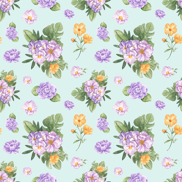 Des fleurs violettes et dorées Illustration à l'aquarelle Des motifs sans couture