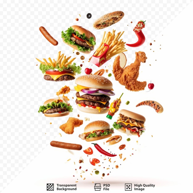 PSD fliegende fast-food-gerichte isoliert auf weißem, abstraktem, isoliertem hintergrund, schwimmendes burger-steak, pommes frites, hähnchenstäbchen, gebratenes huhn, hotdog, abstraktes fast-food-modell und vorlagendesign