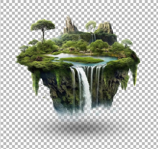 Fliegende Insel mit wunderschöner Landschaft grünes Gras und Wasserfälle Berge 3D-Illustration Insel