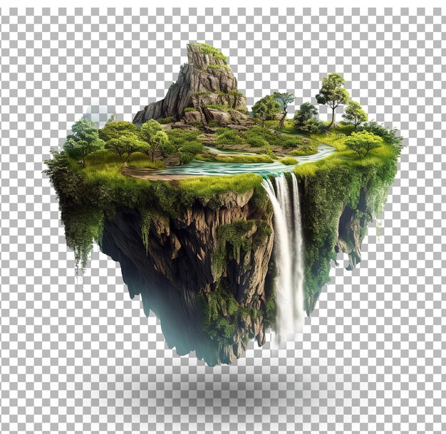 PSD fliegende insel mit wunderschöner landschaft grünes gras und wasserfälle berge 3d-illustration insel