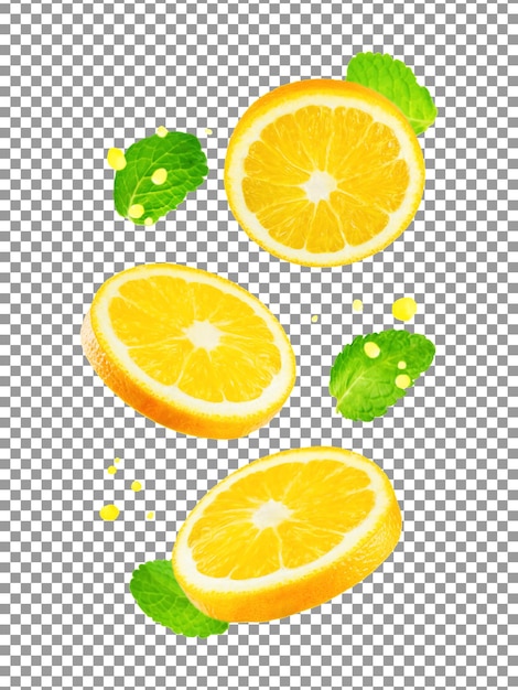 PSD fliegende orangenscheiben mit minzblättern auf transparentem hintergrund