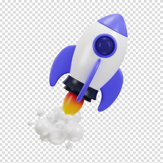 Fliegende Raumrakete mit rauchendem Raumschiff-Start 3D-Rendering-Icon-Vektor-Illustration
