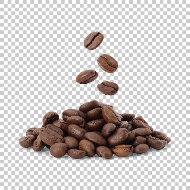 Fliegende wirbel geröstete kaffeebohnen in der luft mit kaffeeböhnen auf dem schreibtisch studio-aufnahme gesunde produkte durch organische natürliche zutaten konzept png transparenz mit schatten