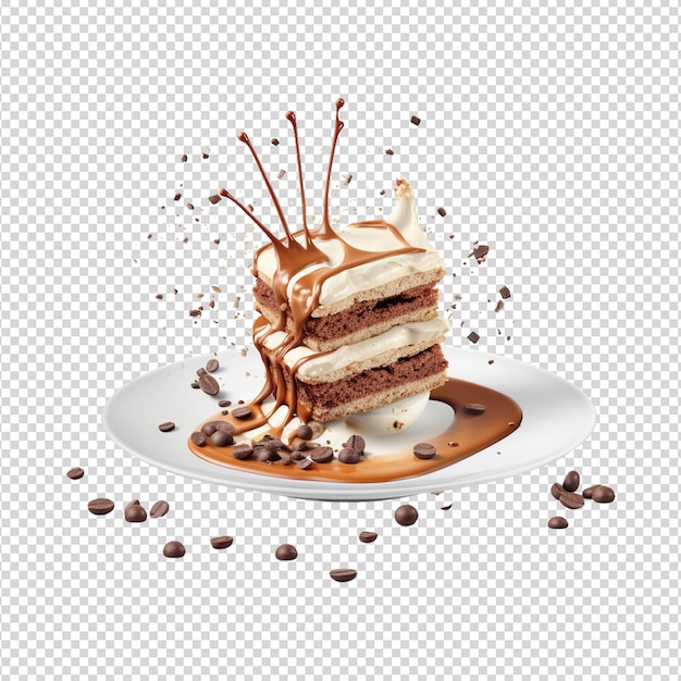 PSD fliegender schokoladenkuchen mit cappuccino-creme und auf weiß isolierten waffeln