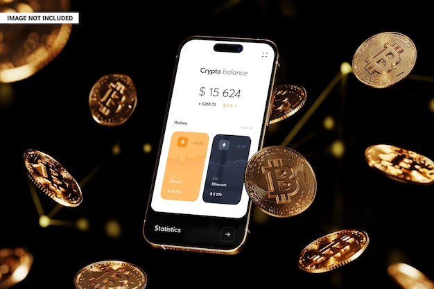 Fliegendes Smartphone mit Gold-Kryptomünzen-Attrappe