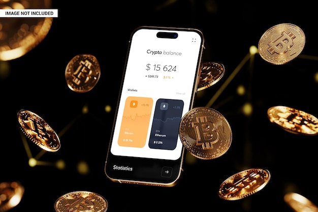 Fliegendes smartphone mit gold-kryptomünzen-attrappe