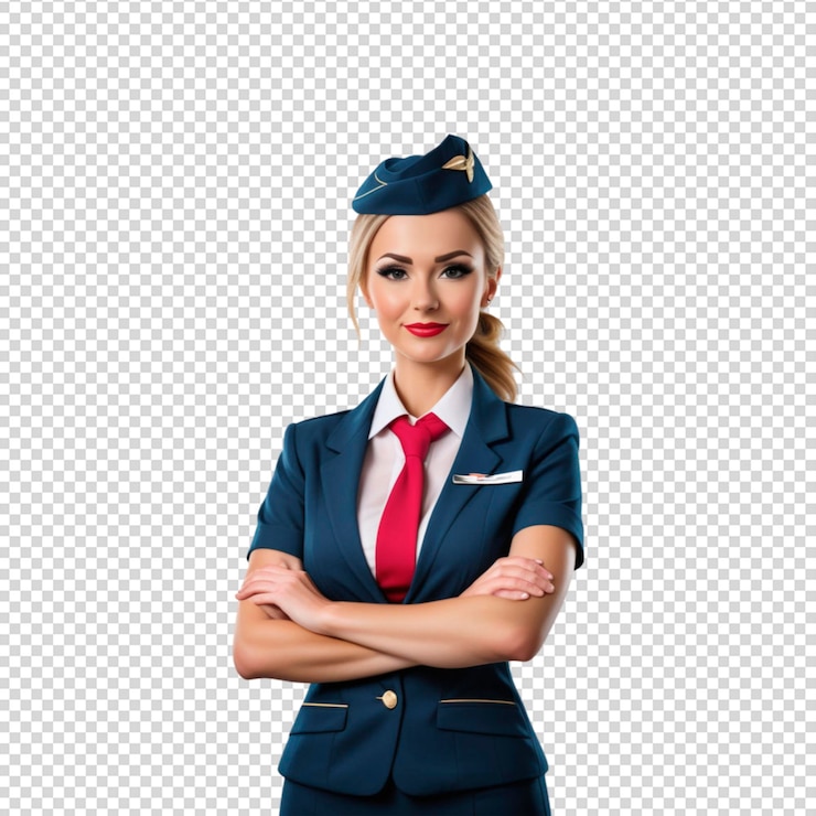 PSD flight attendant stewardess crossed arms isolated on transparent background