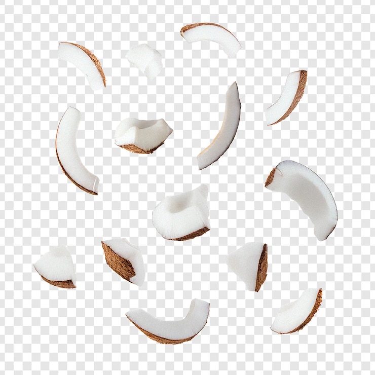 PSD floating coconut pieces on transparent background