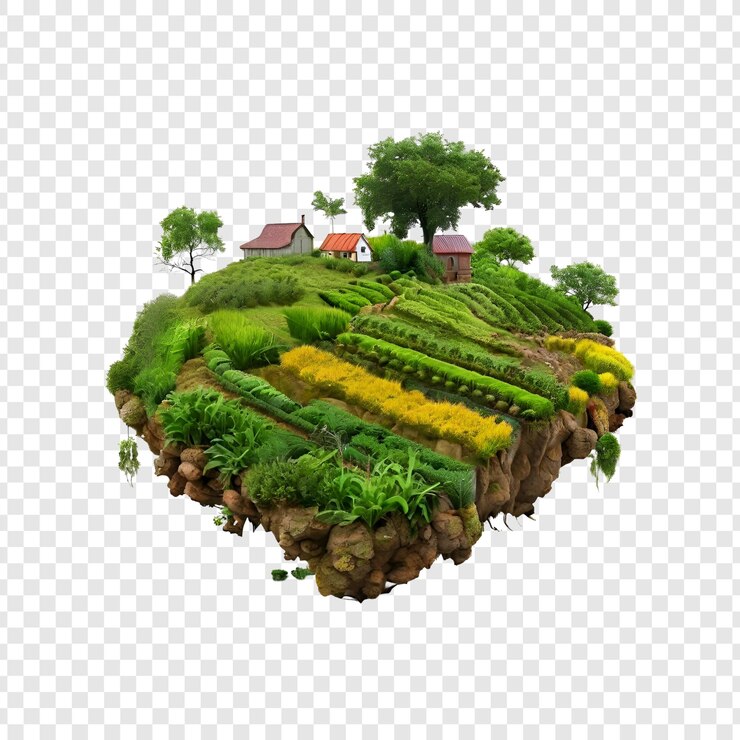 PSD floating island village houses trees crops and lush greenery