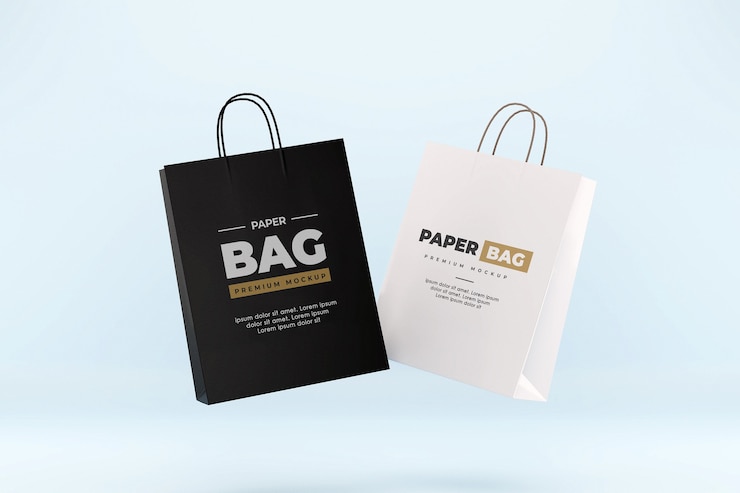Floating Paper Bag Mockup Shopping Realistic Black and White