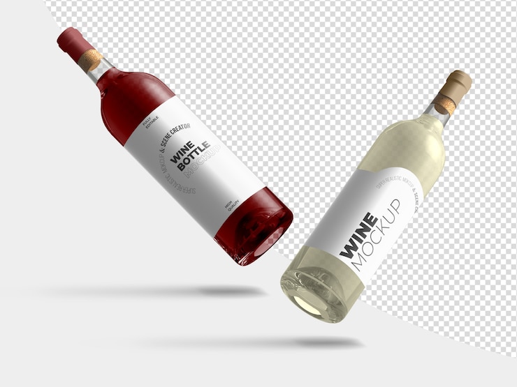 PSD floating wine bottles mockup template