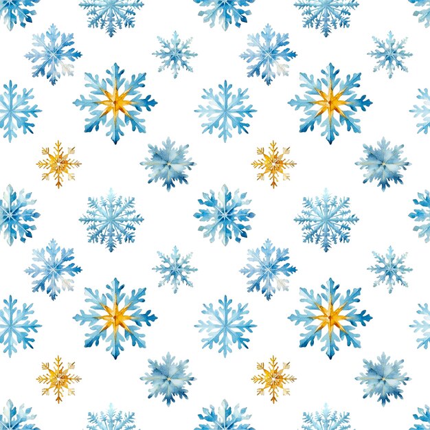 PSD des flocons de neige d'aquarelle avec un motif homogène des flocons de neige bleus et dorés isolés sur un fond transparent