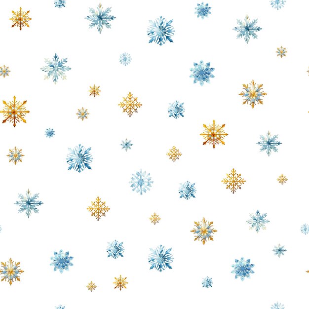 PSD des flocons de neige d'aquarelle avec un motif homogène des flocons de neige bleus et dorés isolés sur un fond transparent