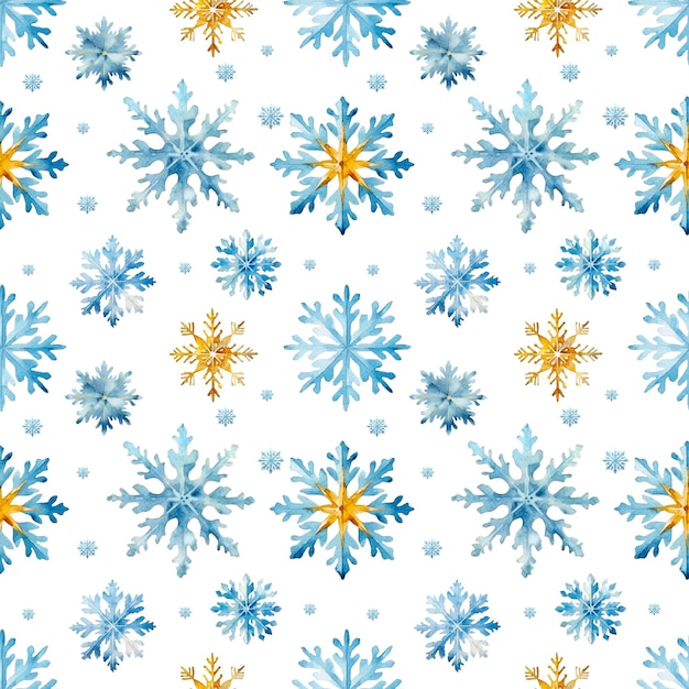 PSD des flocons de neige d'aquarelle avec un motif homogène des flocons de neige bleus et dorés isolés sur un fond transparent