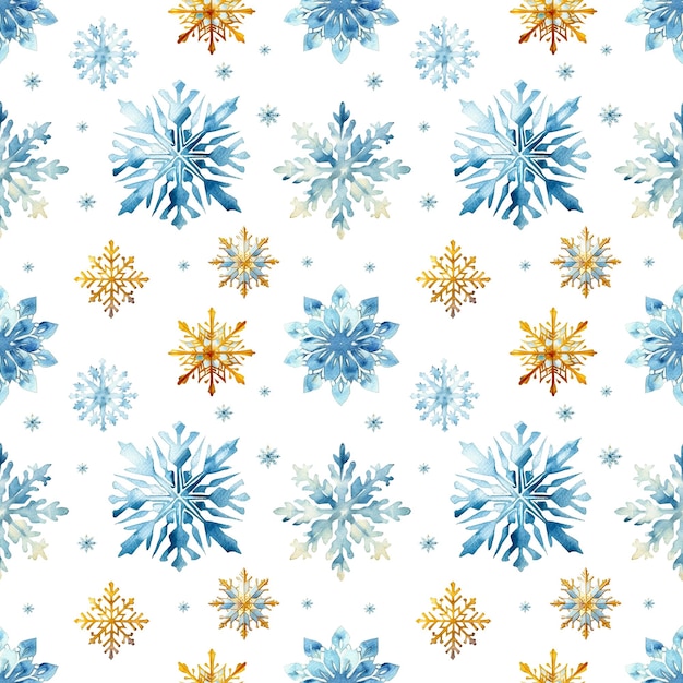 PSD des flocons de neige d'aquarelle avec un motif homogène des flocons de neige bleus et dorés isolés sur un fond transparent