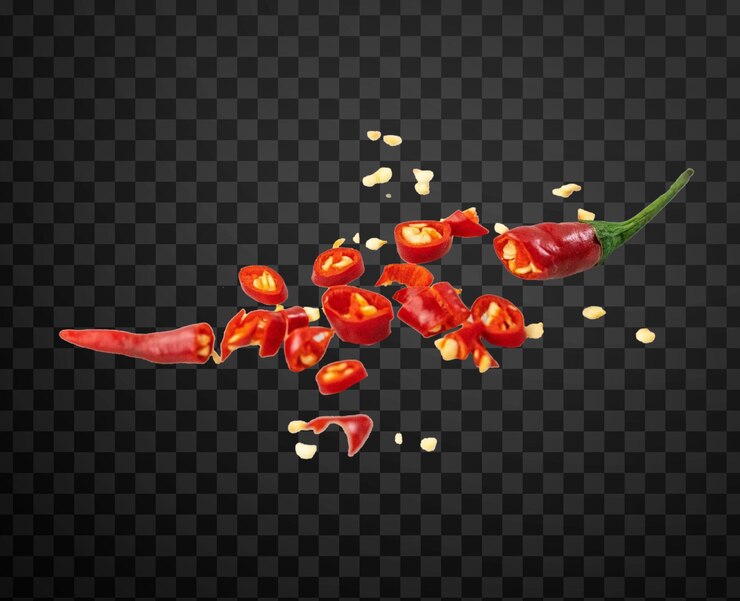 PSD flocos de chile que salen de la pimienta roja sobre un fondo transparente