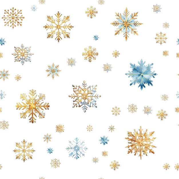 Flocos de neve de aquarela com padrão sem costura Flocos de neve azuis e dourados isolados em um fundo transparente