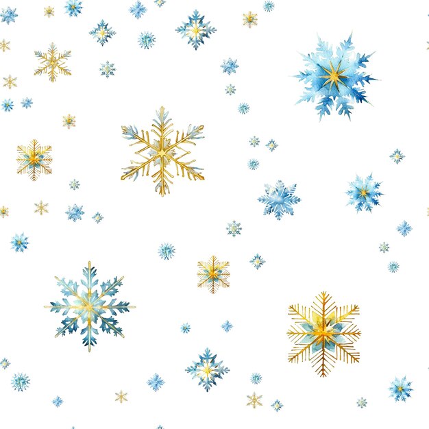 Flocos de neve de aquarela com padrão sem costura flocos de neve azuis e dourados isolados em um fundo transparente