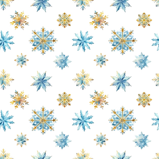 PSD flocos de neve de aquarela com padrão sem costura flocos de neve azuis e dourados isolados em um fundo transparente