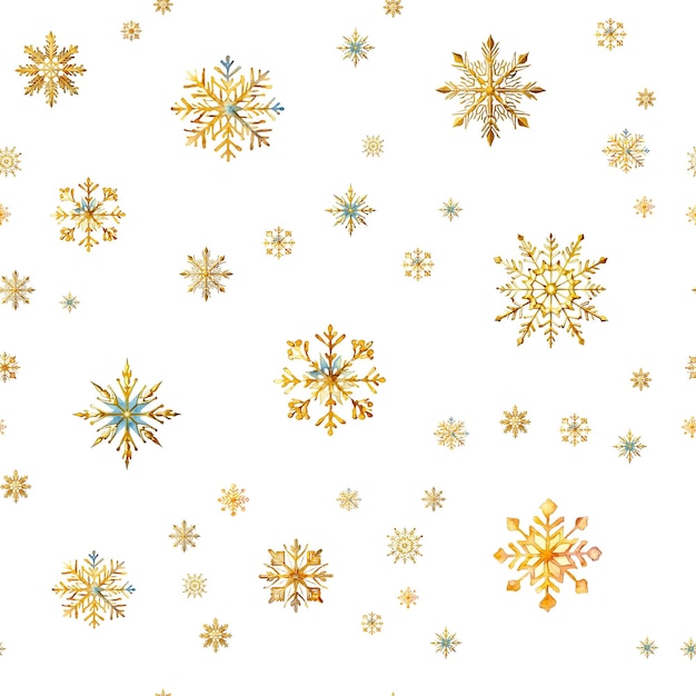Flocos de neve de aquarela com padrão sem costura Flocos de neve azuis e dourados isolados em um fundo transparente