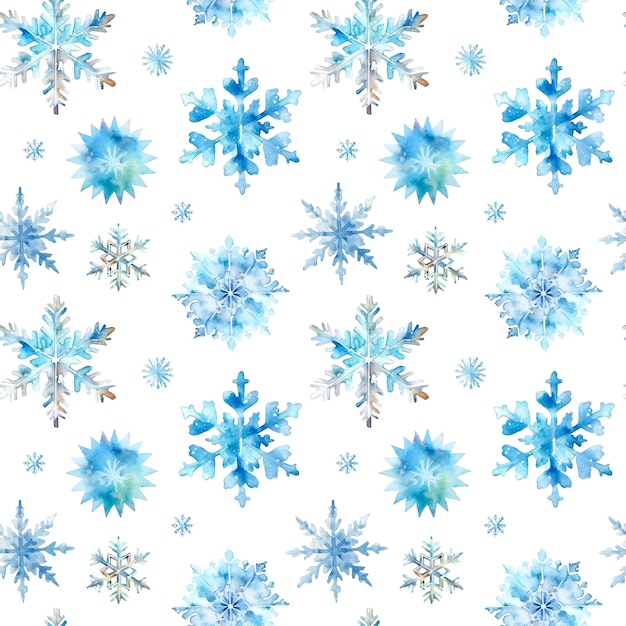 Flocos de nieve de acuarela con un patrón sin costuras Flocos de nieve azules aislados en un fondo transparente