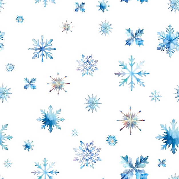 Flocos de nieve de acuarela con un patrón sin costuras Flocos de nieve azules aislados en un fondo transparente