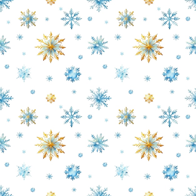 Flocos de nieve de acuarela con un patrón sin costuras Flocos de nieve azules y dorados aislados en un fondo transparente