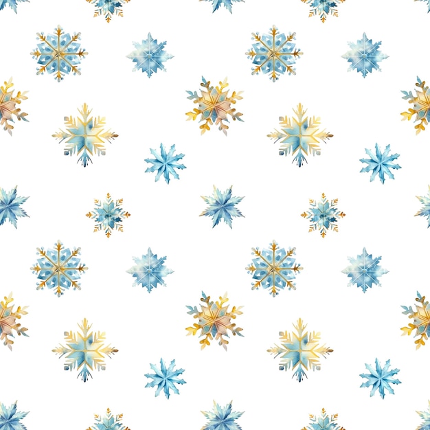 Flocos de nieve de acuarela con un patrón sin costuras flocos de nieve azules y dorados aislados en un fondo transparente