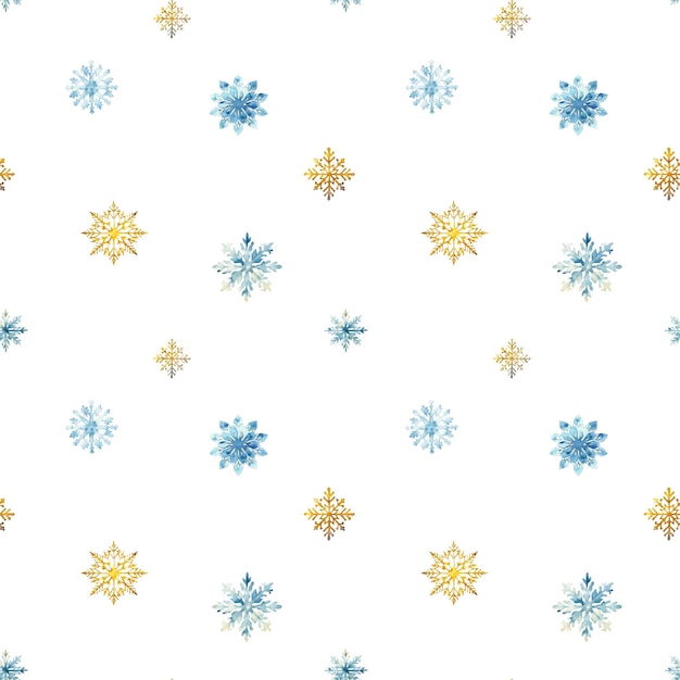Flocos de nieve de acuarela con un patrón sin costuras Flocos de nieve azules y dorados aislados en un fondo transparente
