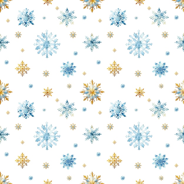 Flocos de nieve de acuarela con un patrón sin costuras Flocos de nieve azules y dorados aislados en un fondo transparente