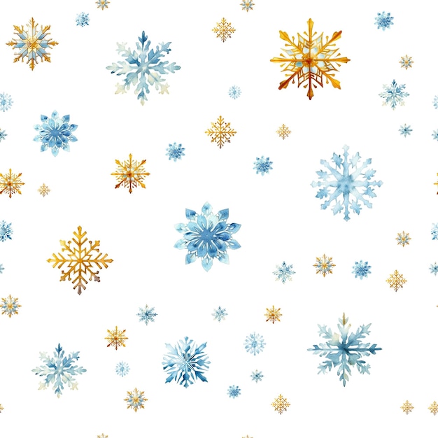 Flocos de nieve de acuarela con un patrón sin costuras Flocos de nieve azules y dorados aislados en un fondo transparente