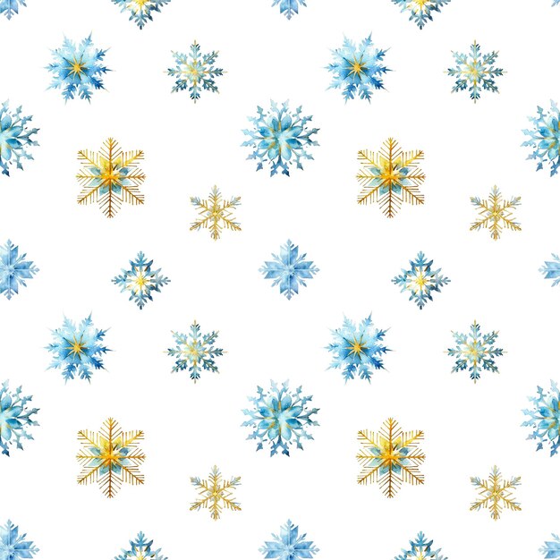 Flocos de nieve de acuarela con un patrón sin costuras Flocos de nieve azules y dorados aislados en un fondo transparente