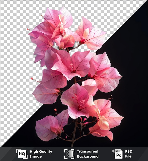 PSD flor de bougainvillea com pétalas cor-de-rosa e roxa em fundo preto