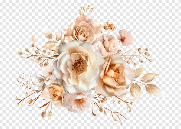 PSD flor de casamento de rosa branca e dourada em fundo transparente