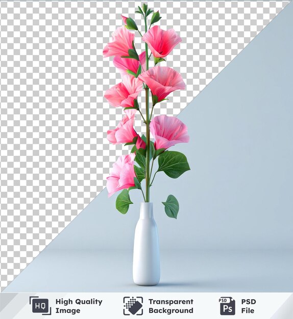 PSD flor de ervilha doce e flores cor-de-rosa em um vaso branco com folhas verdes em fundo transparente